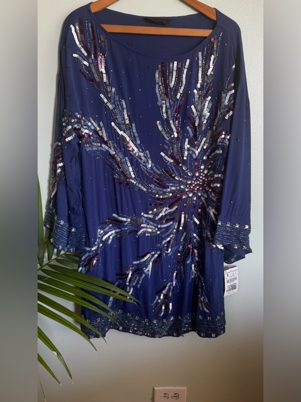 Zara Navy Blue Sequin Embellished Long Sleeve Dress